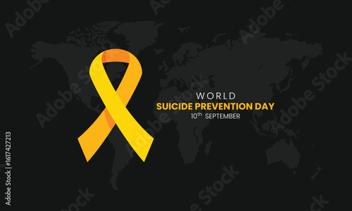 World Suicide Prevention Day concept. Yellow ribbon against world map background, representing global hope, prevention, and awareness. Global awareness for World Suicide Prevention Day