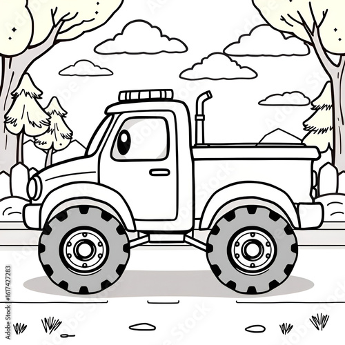 Cute car truck vehicles with big wheels line art hand drawn kawaii kids coloring