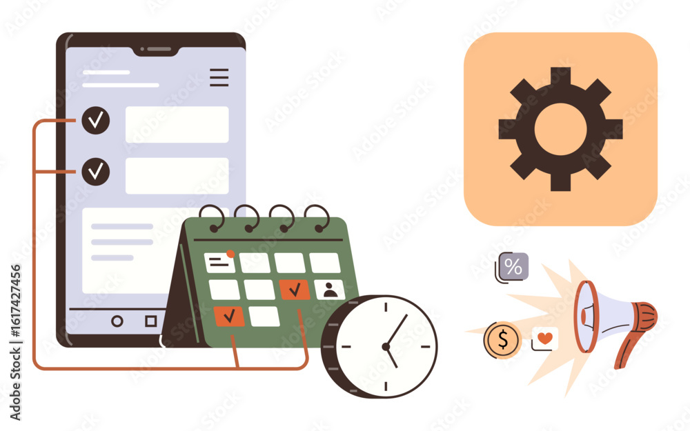 Smartphone with to-do list, desk calendar, clock, gear wheel, and notification symbols. Ideal for productivity, time management, planning workflow scheduling organization goal tracking. Simple Smartphone with to-do list, desk calendar, clock, gear wheel, and notification symbols. Ideal for productivity, time management, planning workflow scheduling organization goal tracking. Simple