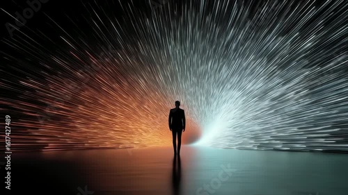 Silhouette amidst radiating lights choosing destiny