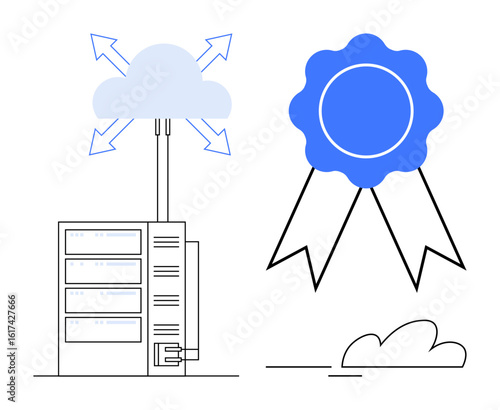 Cloud server connected to the cloud with directional arrows beside certification ribbon. Ideal for technology, data storage, cloud services, certification, reliability, security, digital