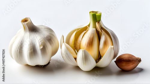 A bulb of garlic with a few cloves separated Isolated on a solid white background, PNG dicut style, object as model