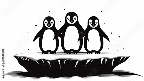 Three penguins standing together on a black and white ice floe with snow falling around them in winter silhouette