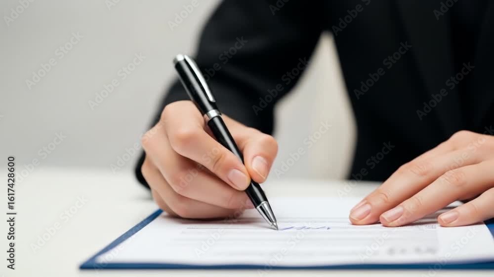 Signing Documents: Close-up of Hand with Pen on Paper in Business Setting Signing Documents: Close-up of Hand with Pen on Paper in Business Setting