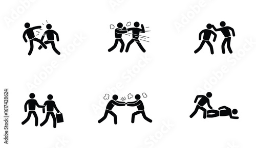 Stick figure illustrations of aggressive interactions icon set