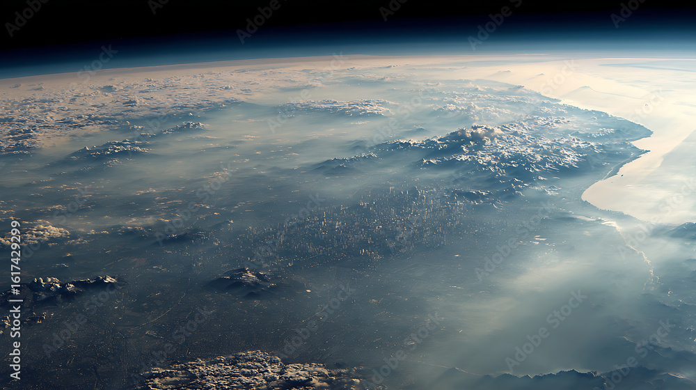 Fototapeta premium Aerial view showcasing earth's horizon with clouds, land formations, and atmospheric perspective