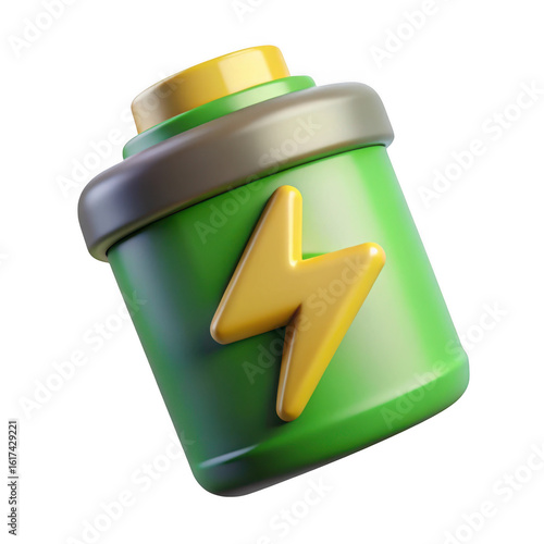 3d green battery icon with yellow lightning bolt isolated on transparent background