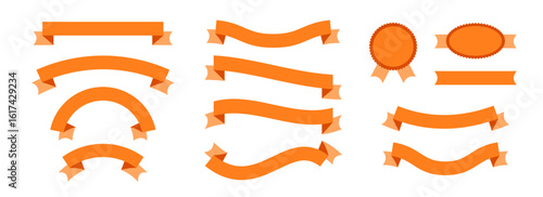 Orange ribbon banner collection. Wavy and curved ribbons set for emblem, sticker, advertising, poster, promotion, frame. Vintage label element bundle for graphic design template. Vector