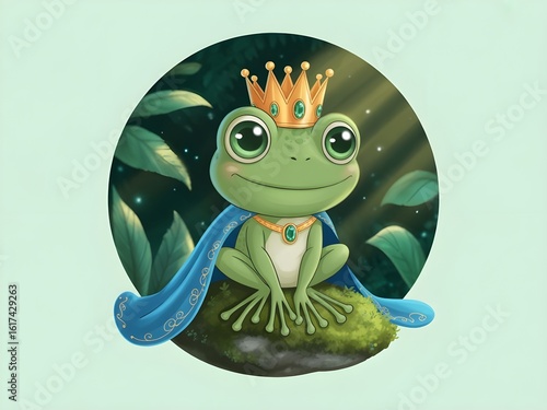 Cute frog prince wearing a crown and blue cape in a forest