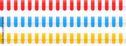 Striped shop tent repeated design set. Store window awning pattern collection. Cafe or restaurant roof canopy pack. Red, blue, yellow stall market place cover. Repeating stripe sunshade design. Vector