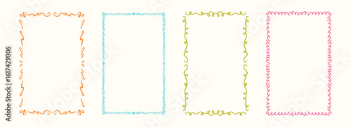 Colored hand drawn wavy frame set. Romantic curly border collection. Vector cute doodled cadre frames. Curved squiggly rectangle border pack for invitation, wedding party, birthday, greeting design