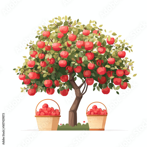 Abundant red apples ripen on a laden tree, with two full baskets at its base, ready for harvest.