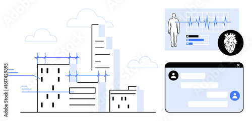 Skyscrapers alongside a health monitoring interface with heart diagnostics and a chat window. Ideal for healthcare, smart cities, technology, innovation, medicine, communication, simple landing page