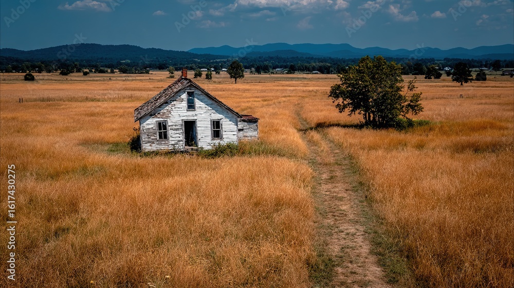 Fototapeta premium Abandoned Farmhouse in Golden Field, Rural Landscape with Distant Mountains