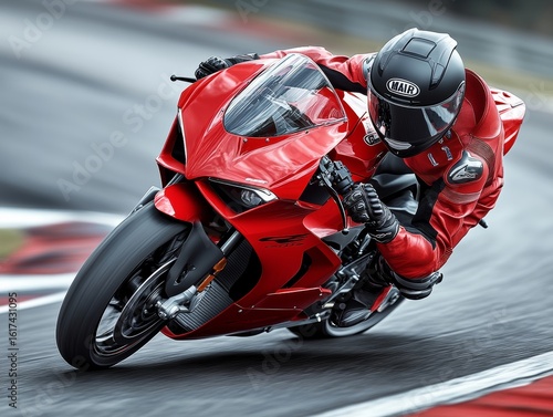 selective focus close-up of sportbike racer in action