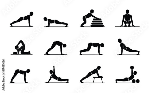 Workout exercise silhouette sequence showing bodyweight training icon set