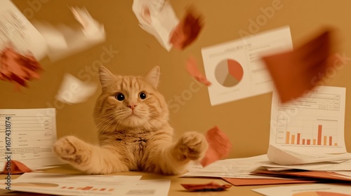 A ginger tabby cat looks overwhelmed as papers scatter through the air in a humorous scene. The orange tones and chaotic expression convey stress, confusion or burnout, work and deadline