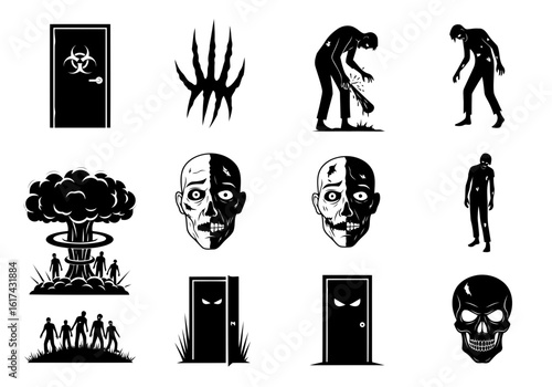 Vector art of collection of horror and apocalypse themed icons isolated on white background