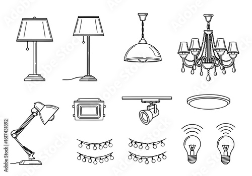 Vector art of collection of various lighting fixtures and bulbs isolated on white background