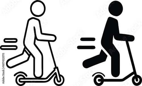 Kick Scooter icons. Black and White Vector Icons of a Man Riding a Kick Scooter. Transport Concept
