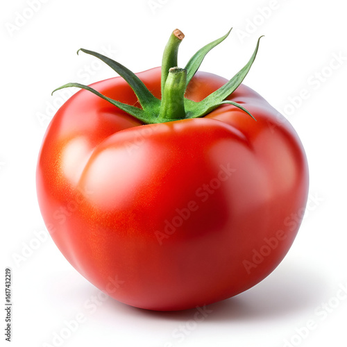 Wallpaper Mural A single, ripe red tomato with a vibrant green stem and leaves, glistening and fresh, isolated on a clean white background Torontodigital.ca
