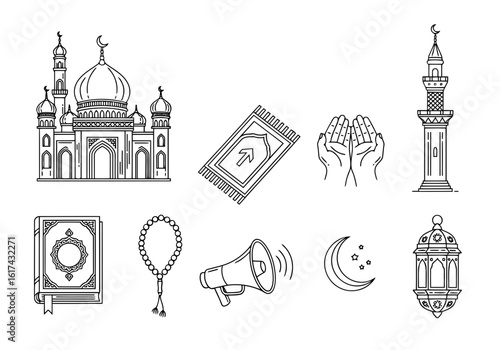 Vector art of collection of islamic symbols and elements isolated on white background