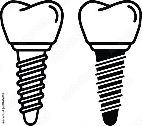 Implant icons. Black and White Vector Dental Implants Icons. Dental Surgery. Dental restoration. Medicine Concept
