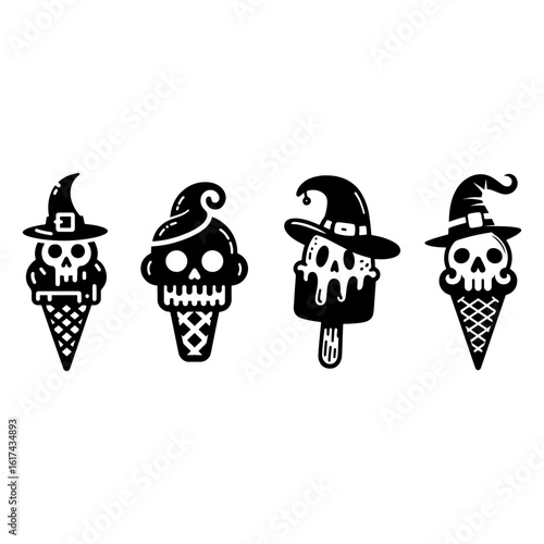 4 halloween theme ice cream with halloween ghost witch hat skull vector.