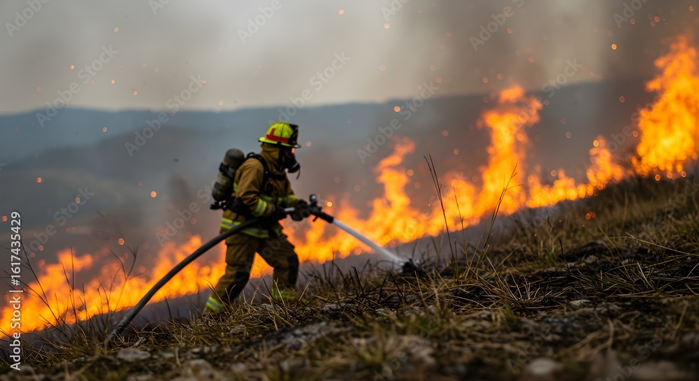 Fototapeta premium Brave Firefighter Battling Wildfire in Rural Landscape