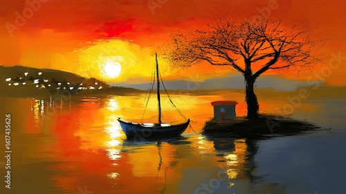 A tranquil seascape at sunset, featuring a sailboat and a small hut on a tiny island.