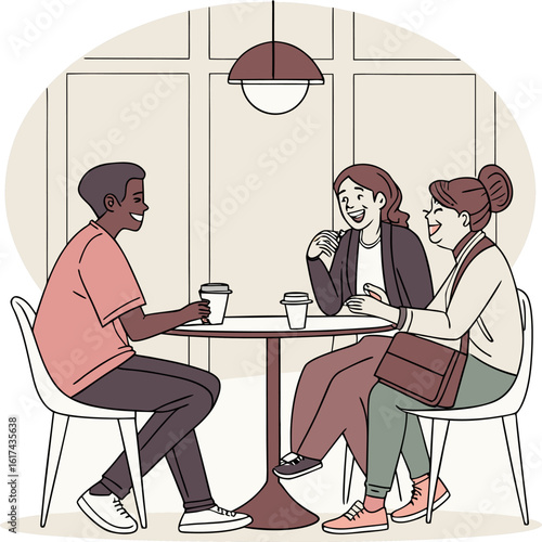 Group of friends talking and laughing at a table in café