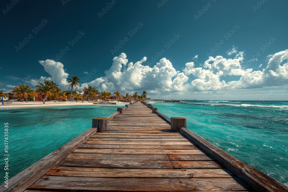 Obraz premium Long wooden pier stretching into turquoise waters toward palm-lined beach