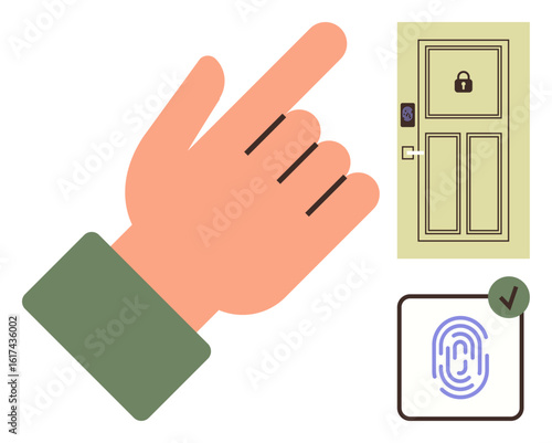Hand directing attention to a locked door with digital options including fingerprint authentication. Ideal for security, biometrics, authentication, privacy, access control, technology, simple