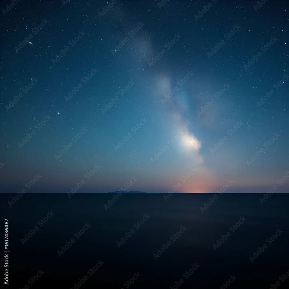 Fototapeta premium Starry Night Sky Sparkles Brilliantly Over the Calm Sea