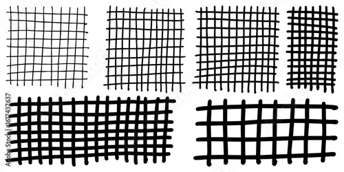 collection of hand drawn grid patterns with varying thickness and distortion. This abstract crosshatch texture set is ideal for backgrounds, textiles, graphic design elements, or artistic overlays.