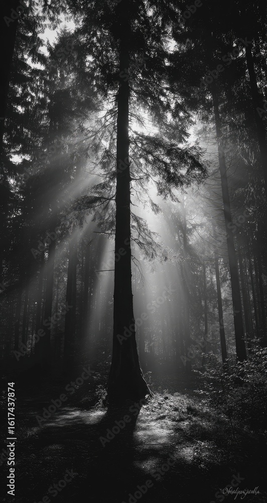 Obraz premium Sunlight filtering through a misty forest