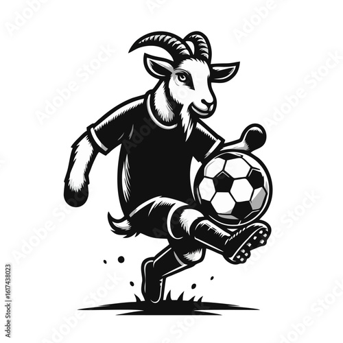 Goat kicking ball wearing football jersey hand draw engrave icon design black white