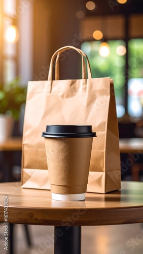 Coffee take-out bag and cup on a table