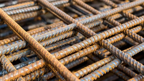 Close-up view of rusted steel rebar grid used for construction reinforcement.