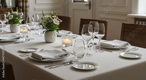Elegant Dining Table Set with White Tablecloth and Floral Centerpiece in Bright Room