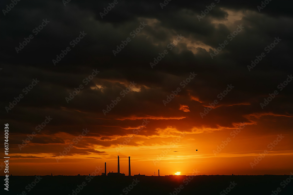 Fototapeta premium Silhouette of power lines against a vibrant sunset sky, casting an orange glow over the city landscape with distant windmills generating electricity as night approaches