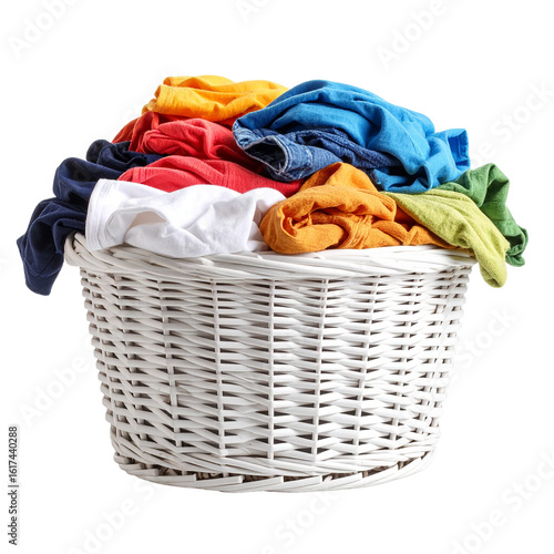 Colorful clothes overflowing from a white laundry basket on white background.