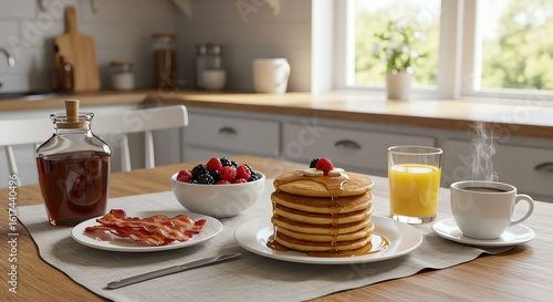 Wallpaper Mural Stack of Golden Pancakes with Fresh Berries and Breakfast Drinks in Bright Kitchen Torontodigital.ca