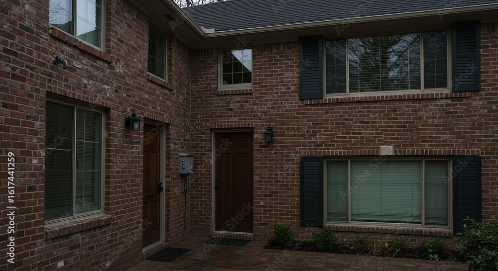 Brick House Exterior with Wooden Doors and Black Shutters in Residential Neighborhood Brick House Exterior with Wooden Doors and Black Shutters in Residential Neighborhood