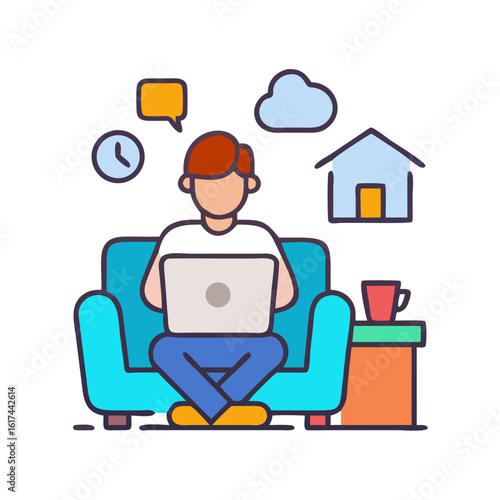 Man working on laptop on sofa with home office elements