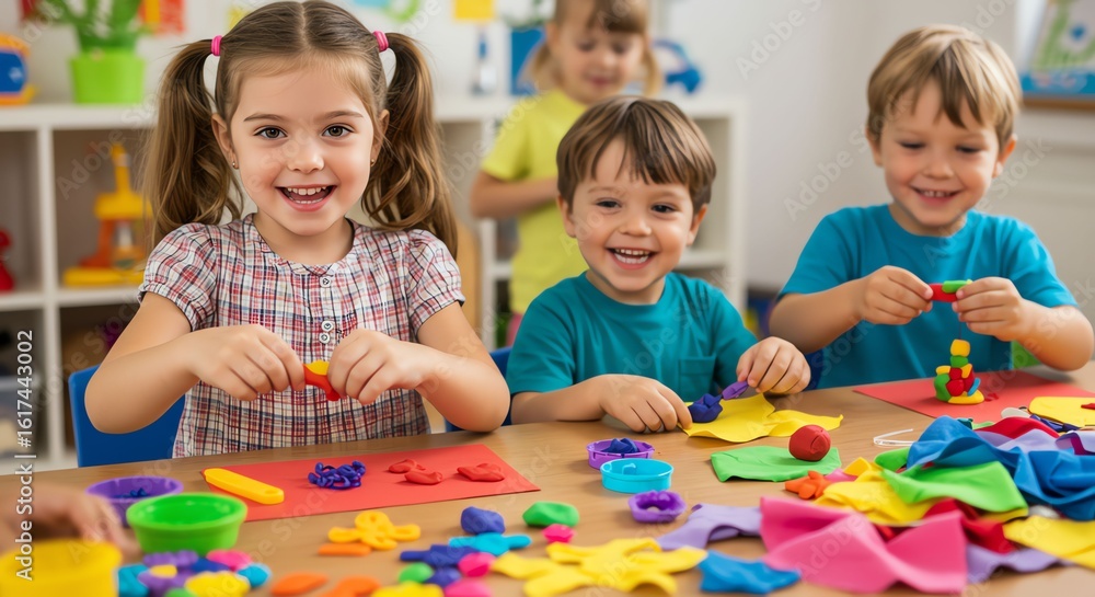 Fototapeta premium Happy Young Children Playing with Colorful Craft Materials in Classroom