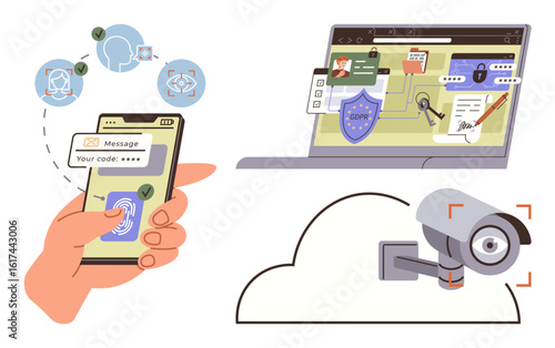 Hand using fingerprint authentication, laptop with cybersecurity tools, and security camera linked to a cloud. Ideal for privacy, safety, digital protection, cloud storage, surveillance, identity