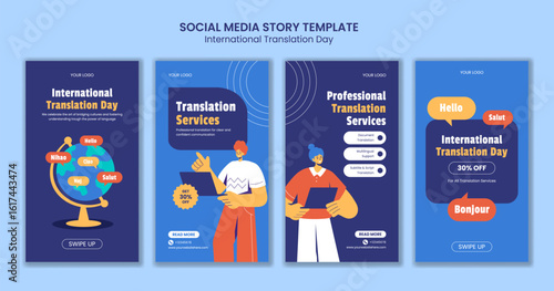 Hand Drawn Social Media Stories Template for International Translation Day in Flat Cartoon Style
