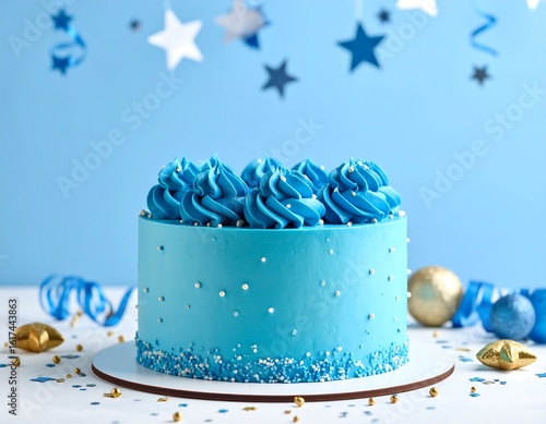 Festive blue cake on white