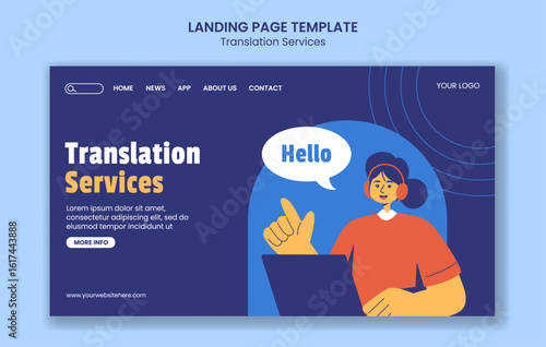 International Translation Day Design with Social Media Landing Page in Cartoon Style Background